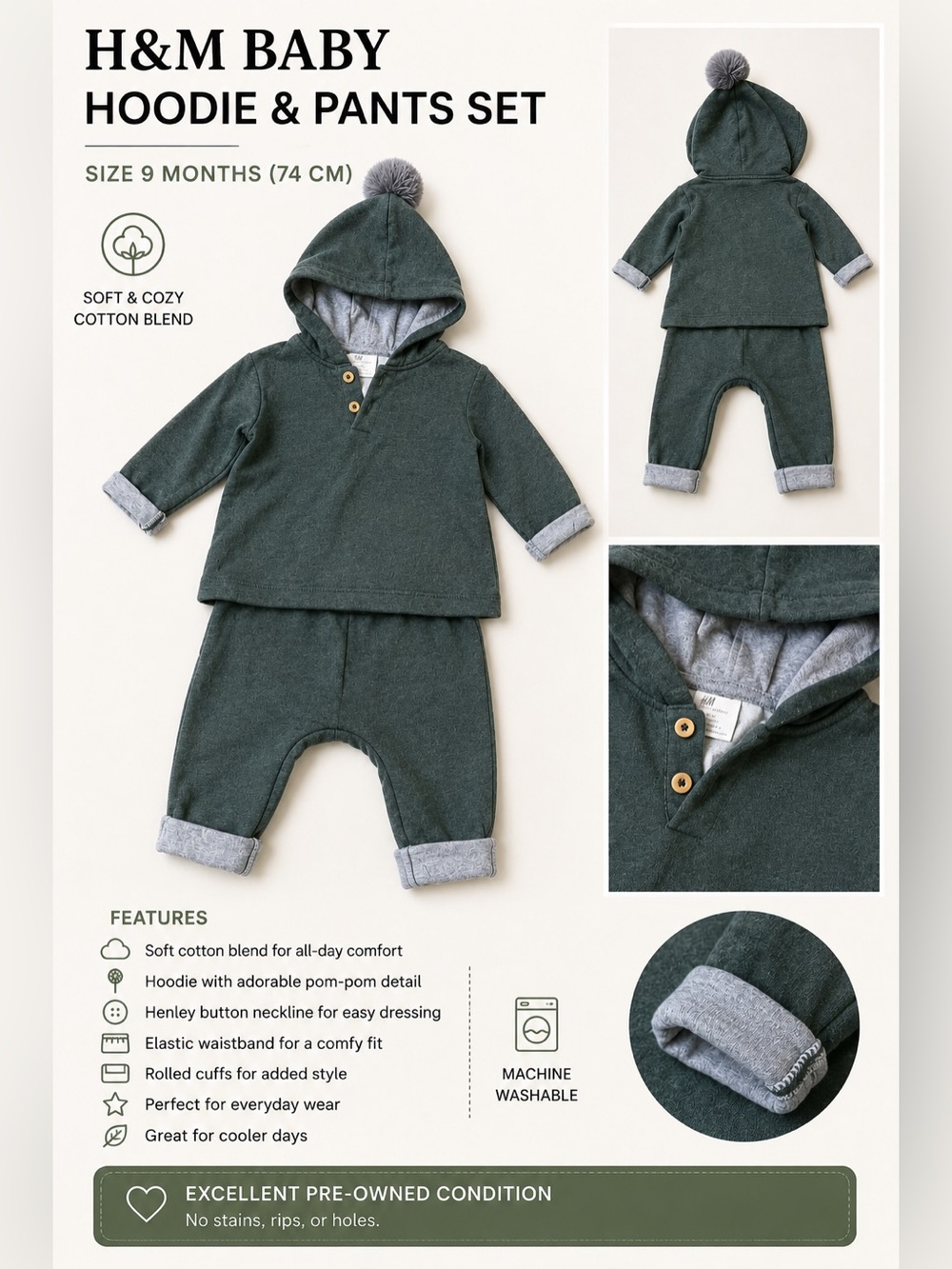 H&M Organic Cotton Baby Hoodie & Jogger Set | Sage Green | Size 9 Months (74 cm)